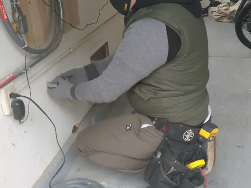 Electrician performing outlet wiring in a Corsicana garage